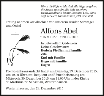 Traueranzeige von Alfons Abel 