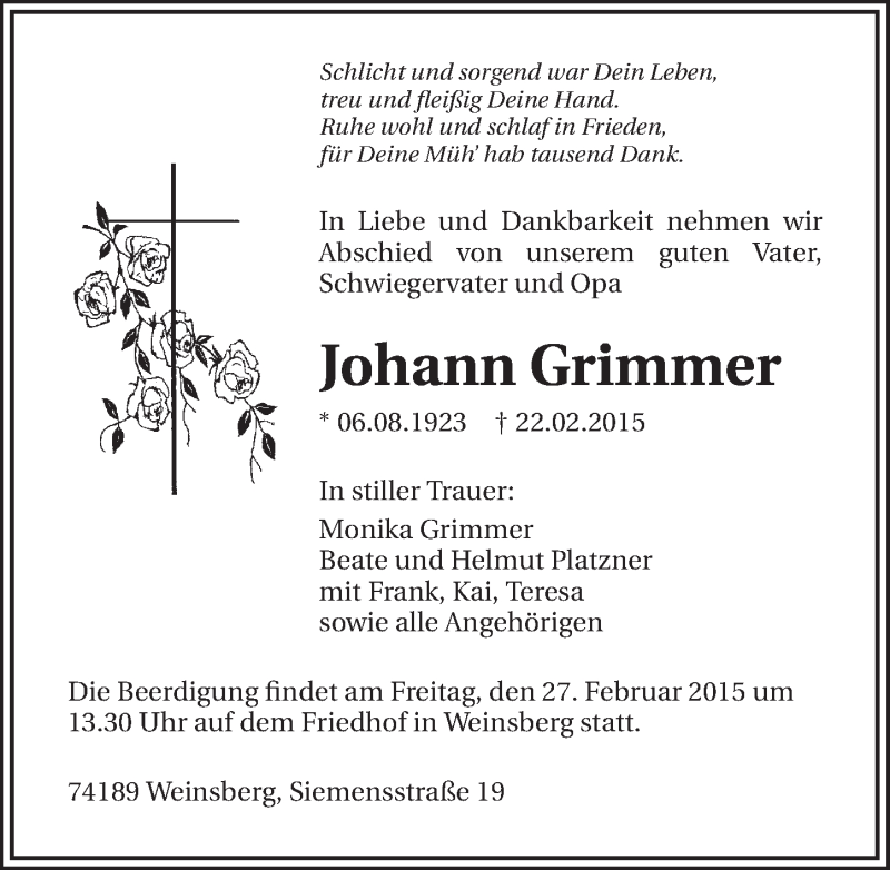  Traueranzeige für Johann Grimmer vom 24.02.2015 aus 
