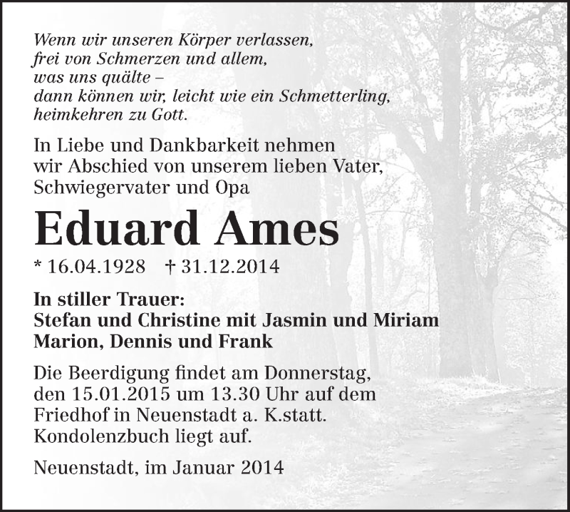  Traueranzeige für Eduard Ames vom 10.01.2015 aus 