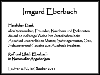 Traueranzeige von Irmgard Eberbach 