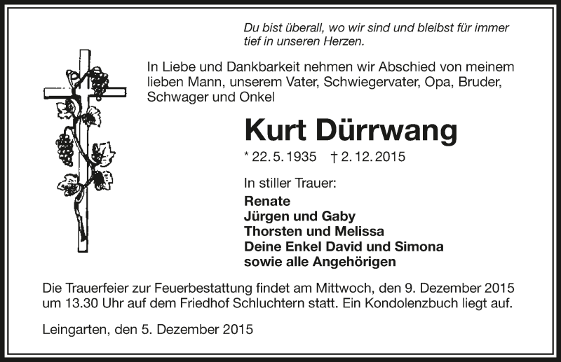  Traueranzeige für Kurt Dürrwang vom 05.12.2015 aus 
