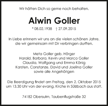 Traueranzeige von Alwin Goller 
