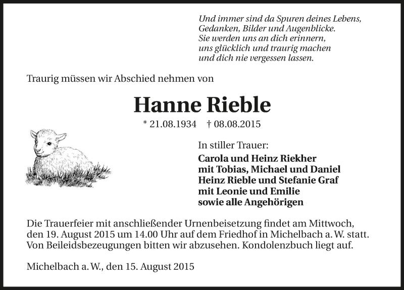  Traueranzeige für Hanne Rieble vom 15.08.2015 aus 