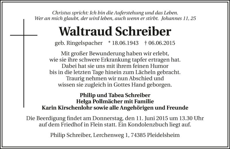  Traueranzeige für Waltraud Schreiber vom 09.06.2015 aus 