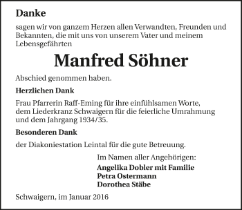 Traueranzeige von Manfred Söhner 