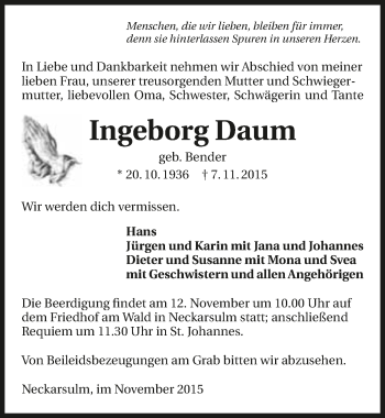 Traueranzeige von Ingeborg Daum 