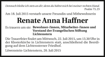 Traueranzeige von Renate Anna Haffner 