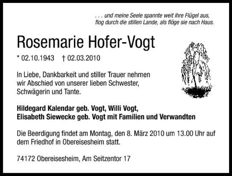  Traueranzeige für Rosemarie Hofer-Vogt vom 04.03.2010 aus 