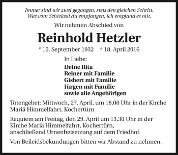 Traueranzeige von Reinhold Hetzler 