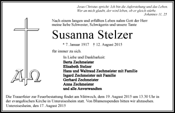 Traueranzeige von Susanna Stelzer 