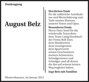 Traueranzeige von August Belz 
