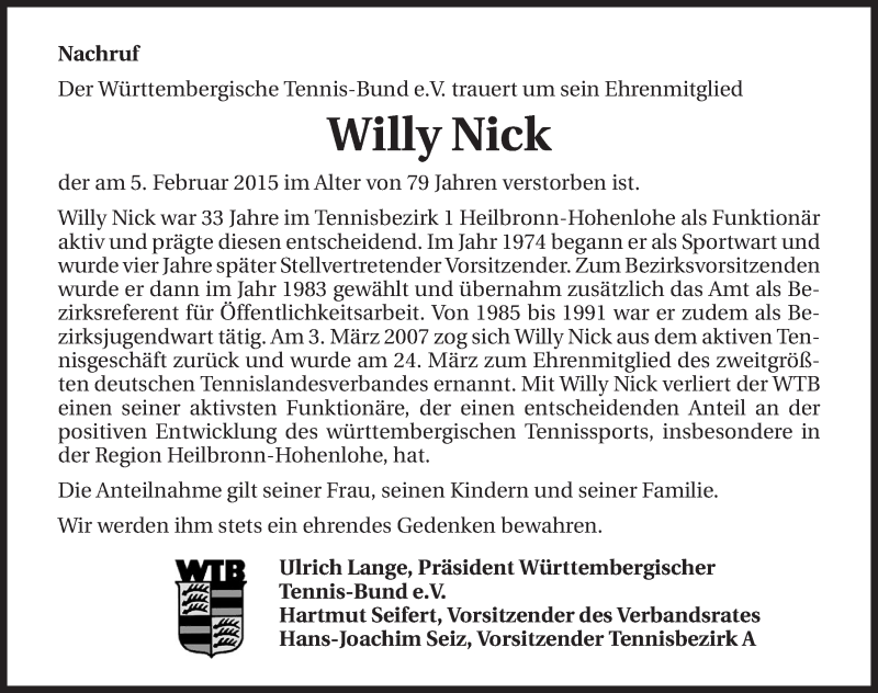  Traueranzeige für Willy Nick vom 11.02.2015 aus 