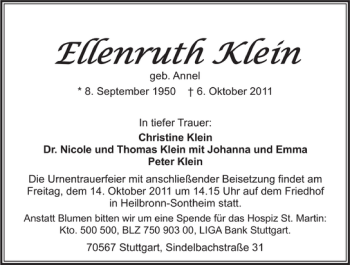 Traueranzeige von Ellenruth Klein 