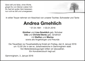 Traueranzeige von Andrea Gmehlich 
