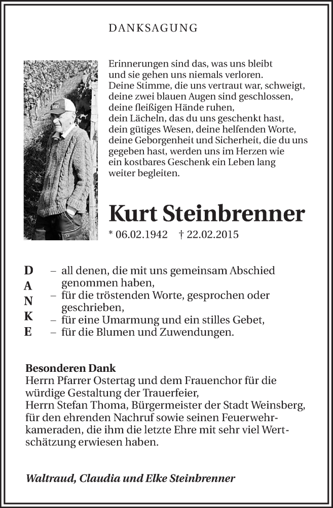  Traueranzeige für Kurt Steinbrenner vom 21.03.2015 aus 