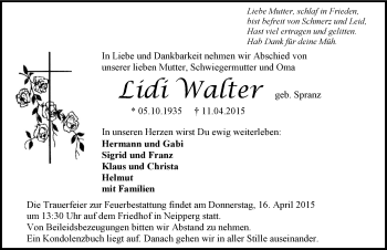Traueranzeige von Lidi Walter 