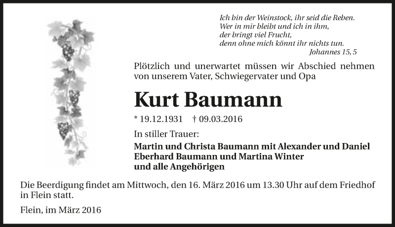  Traueranzeige für Kurt Baumann vom 12.03.2016 aus 