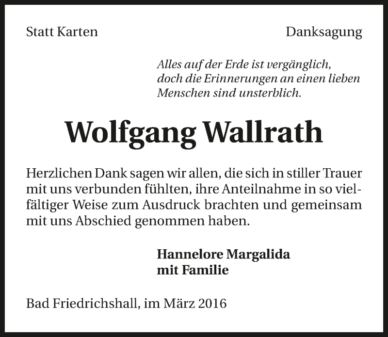  Traueranzeige für Wolfgang Wallrath vom 23.03.2016 aus 