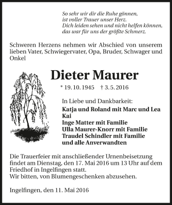 Traueranzeige von Dieter Maurer 