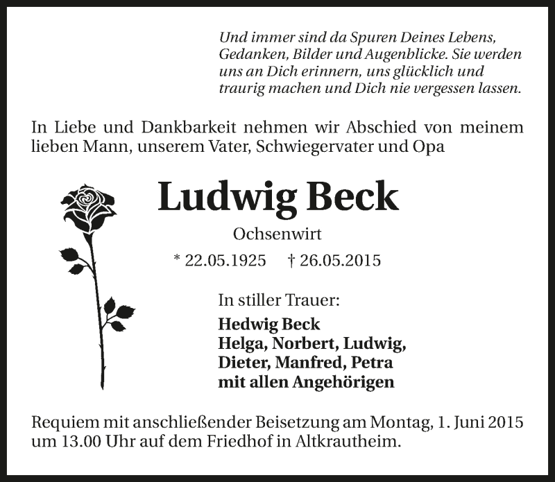  Traueranzeige für Ludwig Beck vom 28.05.2015 aus 