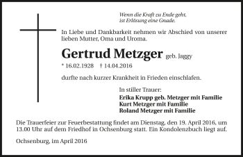Traueranzeige von Gertrud Metzger 
