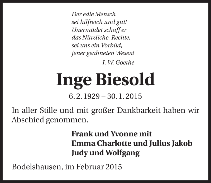 Traueranzeige für Inge Biesold vom 28.02.2015 aus 