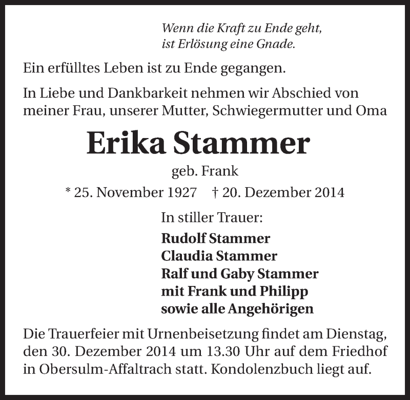  Traueranzeige für Erika Stammer vom 27.12.2014 aus 