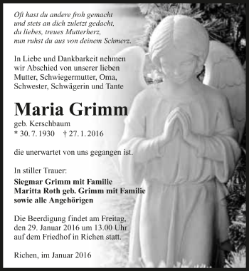 Traueranzeige von Maria Grimm 