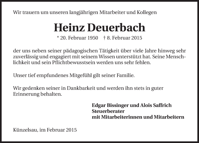  Traueranzeige für Heinz Deuerbach vom 13.02.2015 aus 