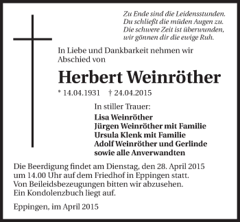 Traueranzeige von Herbert Weinröther 