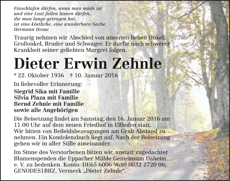  Traueranzeige für Dieter Zehnle vom 14.01.2016 aus 