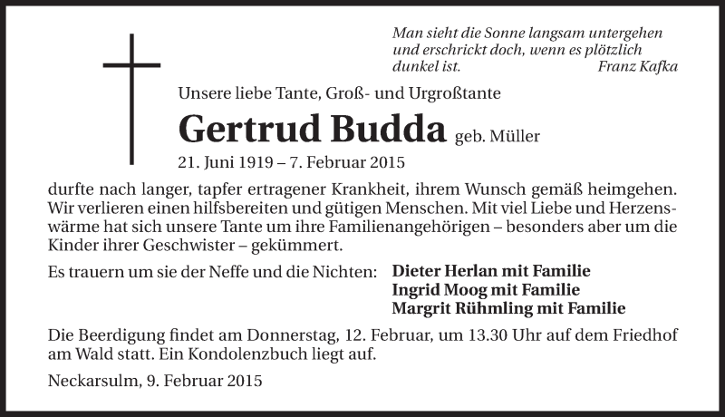  Traueranzeige für Gertrud Budda vom 10.02.2015 aus 