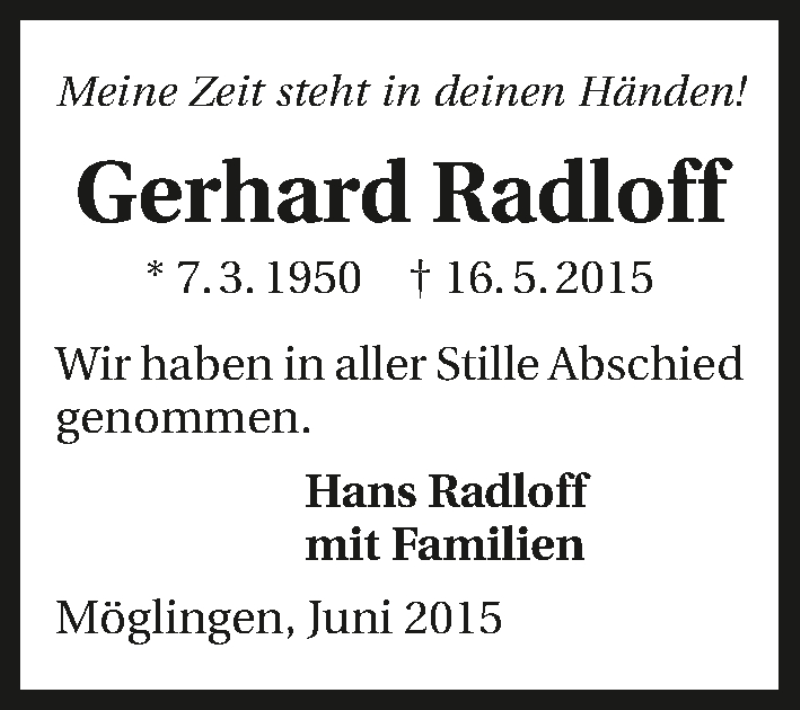  Traueranzeige für Gerhard Radloff vom 08.06.2015 aus 