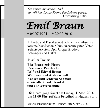 Traueranzeige von Emil Braun 
