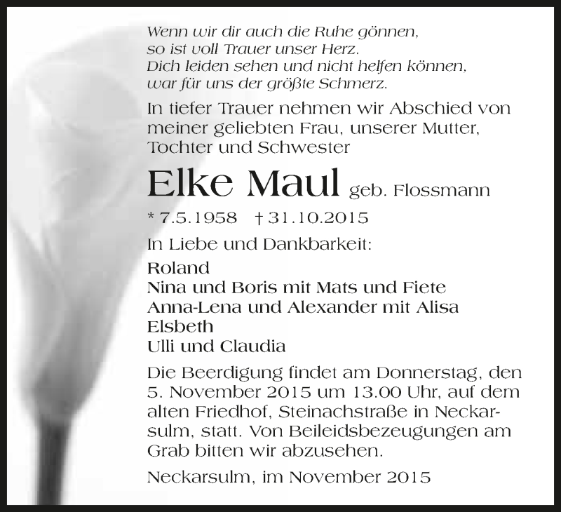  Traueranzeige für Elke Maul vom 04.11.2015 aus 