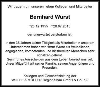 Traueranzeige von Bernhard Wurst 