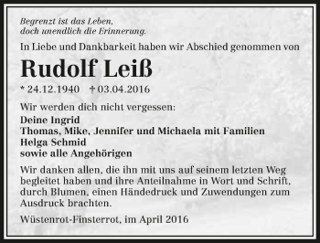 Traueranzeige von Rudolf Leiß 