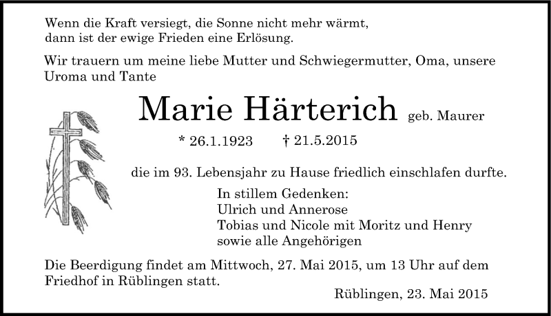  Traueranzeige für Marie Härterich vom 23.05.2015 aus 