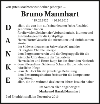 Traueranzeige von Bruno Mannhart 