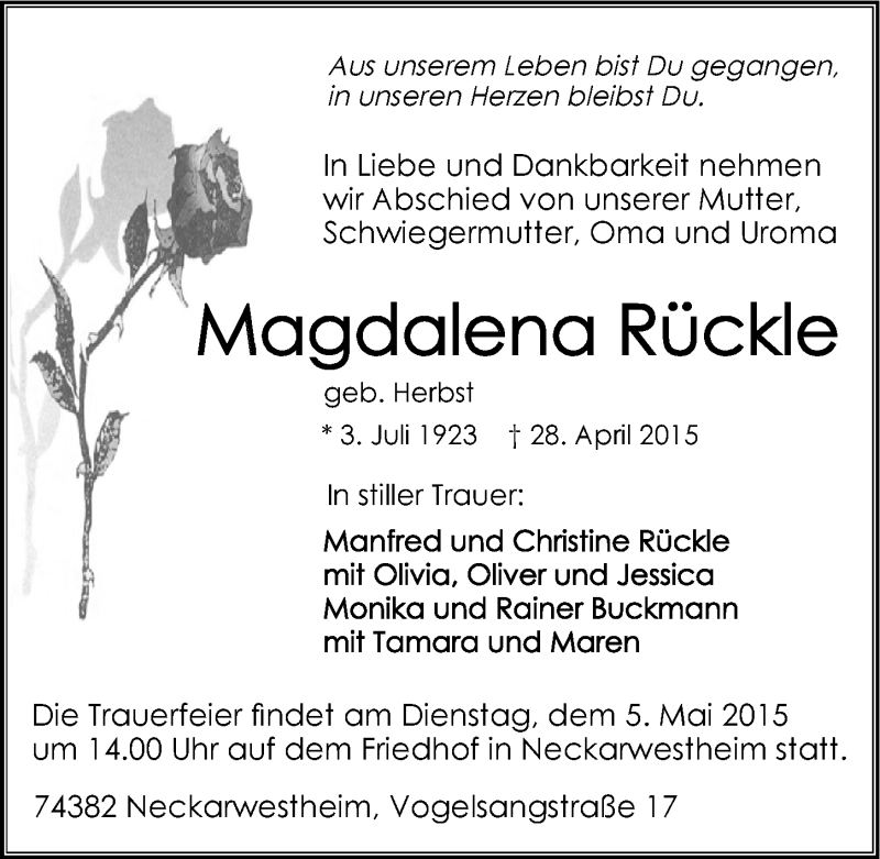  Traueranzeige für Magdalena Rückle vom 02.05.2015 aus 