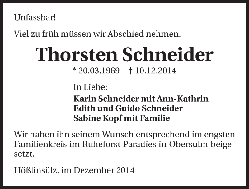  Traueranzeige für Thorsten Schneider vom 23.12.2014 aus 