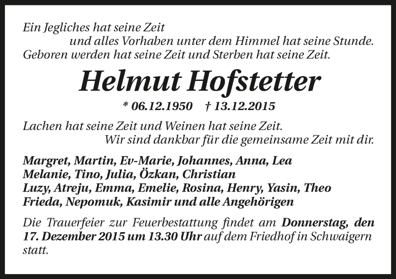  Traueranzeige für Helmut Hofstetter vom 15.12.2015 aus 