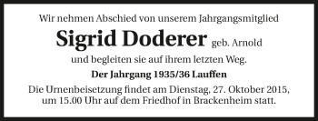 Traueranzeige von Sigrid Doderer 