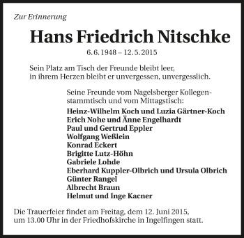 Traueranzeige von Hans Friedrich Nitschke 