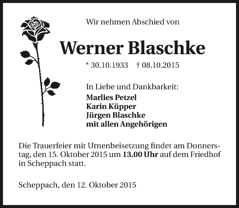  Traueranzeige für Werner Blaschke vom 12.10.2015 aus 
