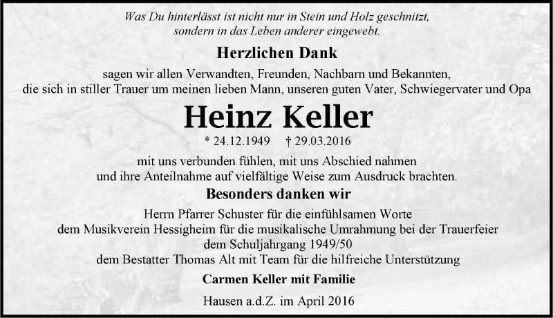  Traueranzeige für Heinz Keller vom 14.04.2016 aus 