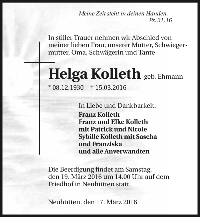  Traueranzeige für Helga Kolleth vom 18.03.2016 aus 