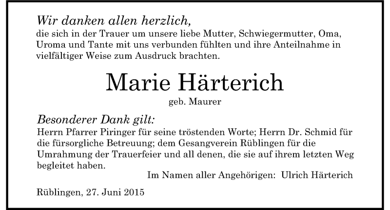  Traueranzeige für Marie Härterich vom 27.06.2015 aus 