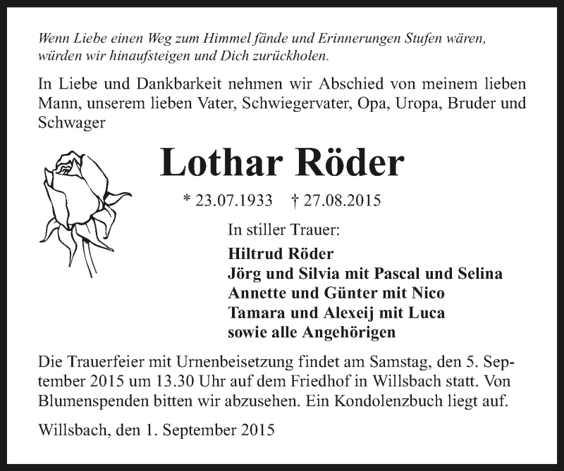  Traueranzeige für Lothar Röder vom 01.09.2015 aus 