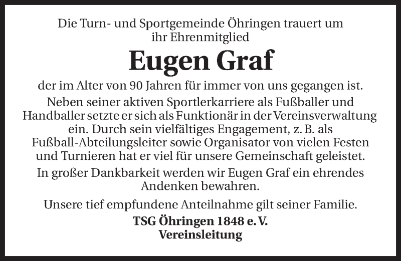  Traueranzeige für Eugen Graf vom 02.05.2015 aus 